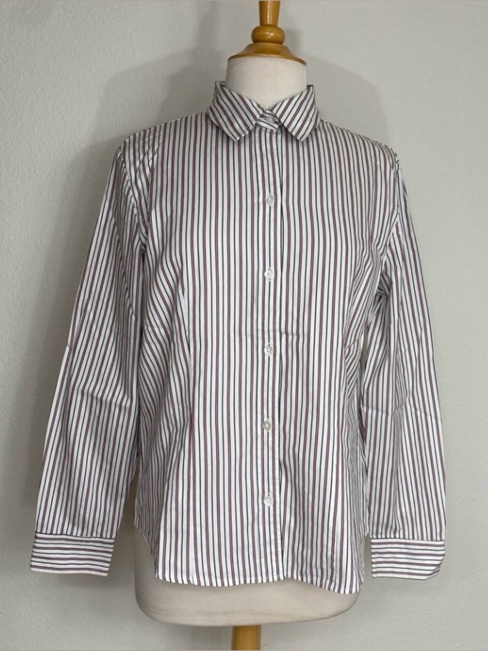 Vintage Ann Taylor Womens Brown White Stripe Collared Button Shirt Preppy Size L